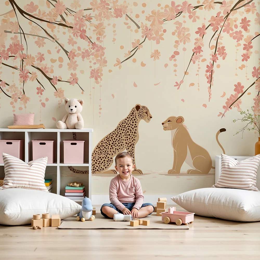 Tapety dla dzieci | Leopard i lwica pod kwiatami wiśni