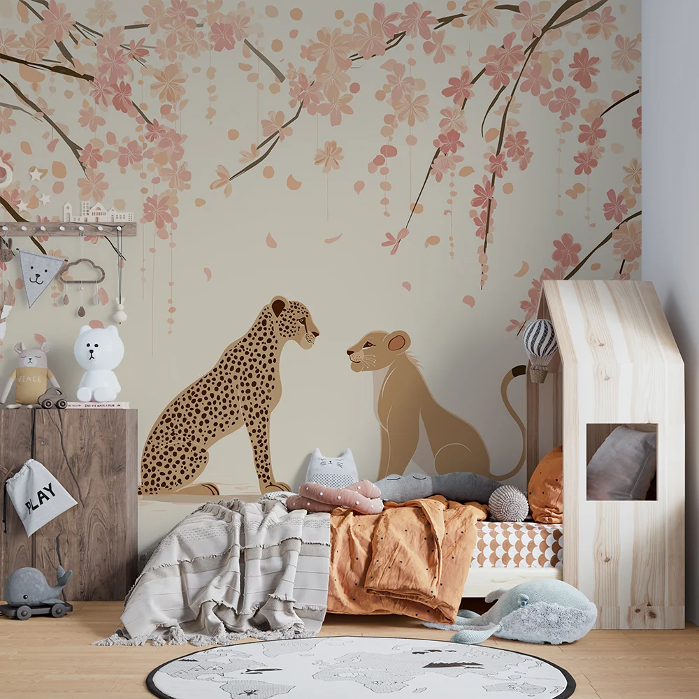 Tapety dla dzieci | Leopard i lwica pod kwiatami wiśni
