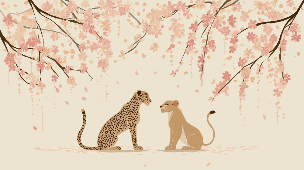 Tapety dla dzieci | Leopard i lwica pod kwiatami wiśni