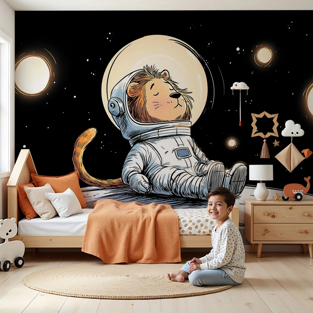 Tapety dla dzieci | Lew astronauta dryfujący w kosmosie