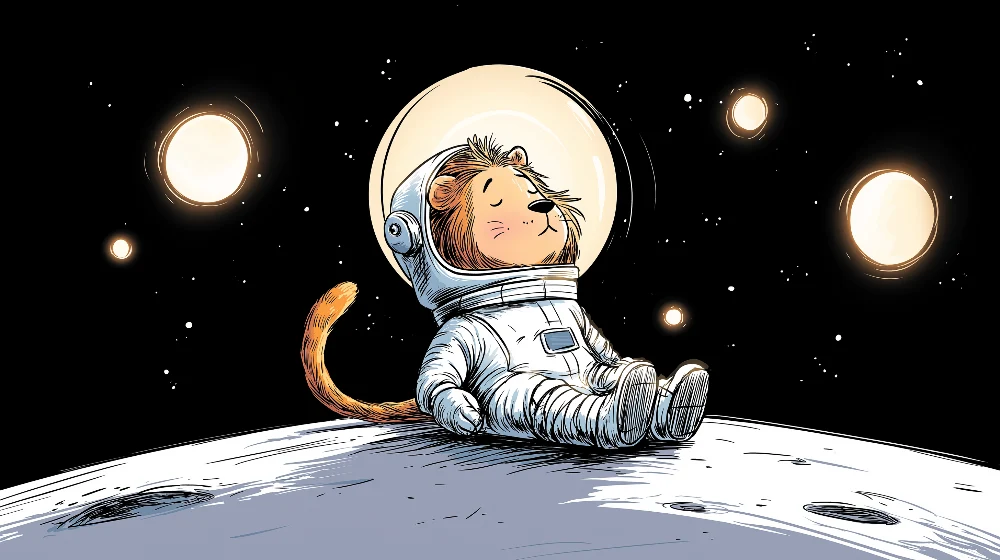 Tapety dla dzieci | Lew astronauta dryfujący w kosmosie