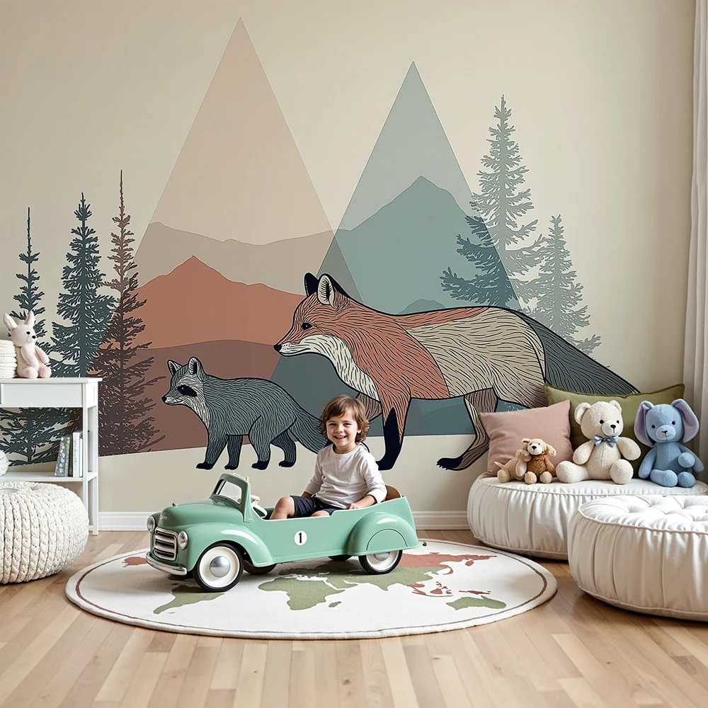 Tapety dla dzieci | Lisy i góry w stylizowanym lesie