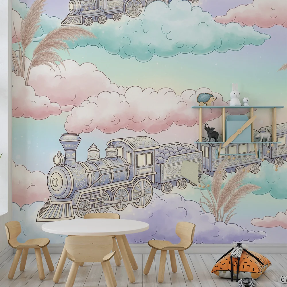 Tapety dla dzieci | Magiczny pociąg w pastelowych chmurach