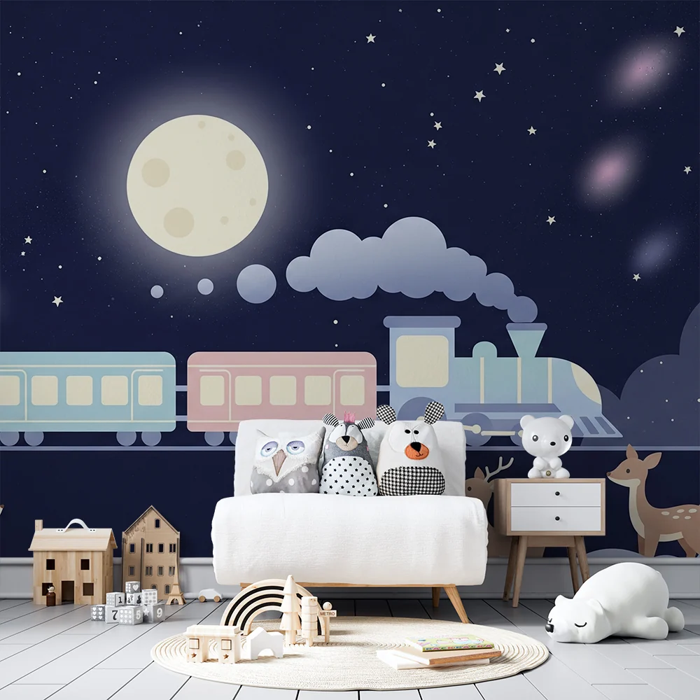 Tapety dla dzieci | Magiczny pociąg pod księżycem z nocnymi zwierzętami