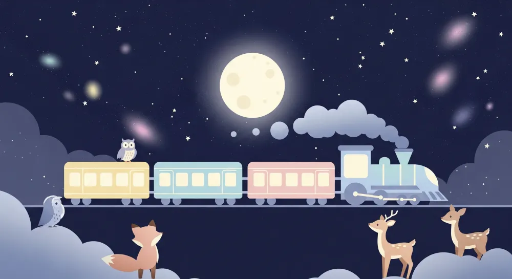 Tapety dla dzieci | Magiczny pociąg pod księżycem z nocnymi zwierzętami