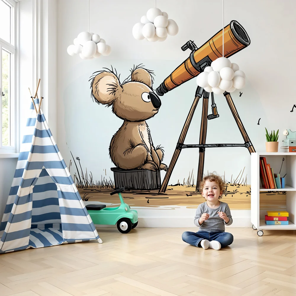 Tapety dla dzieci | Mały ciekawy koala i teleskop
