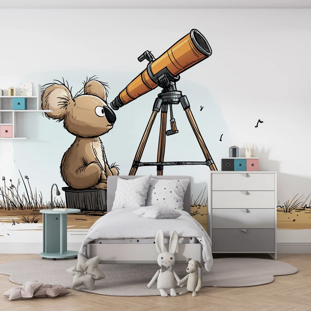 Tapety dla dzieci | Mały ciekawy koala i teleskop