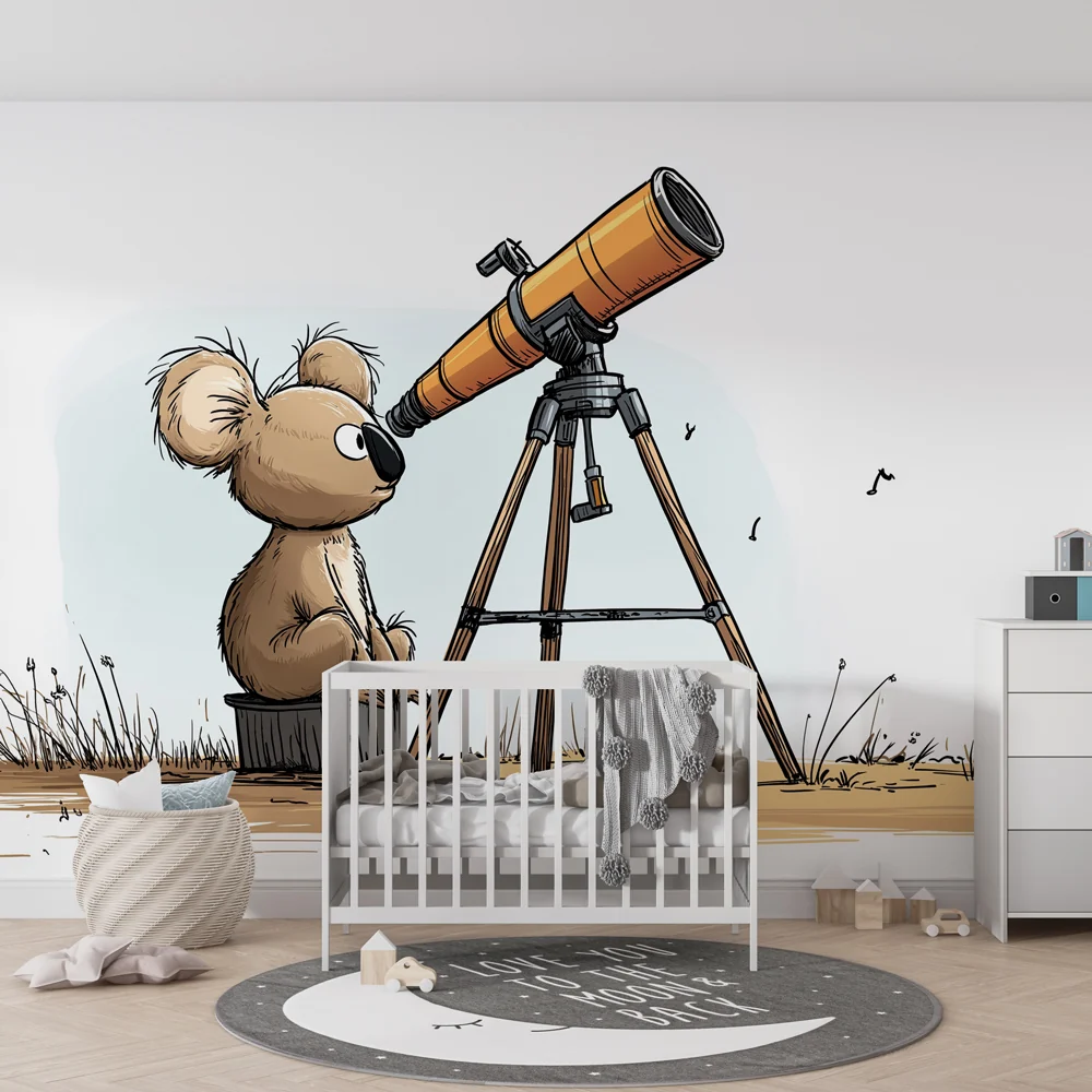 Tapety dla dzieci | Mały ciekawy koala i teleskop