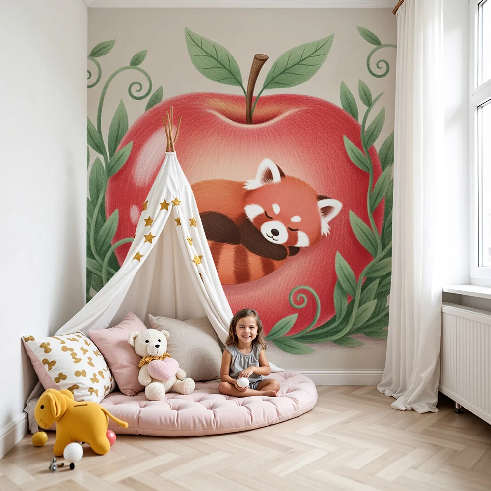 Tapety dla dzieci | Mały czerwony panda śpiący w jabłku