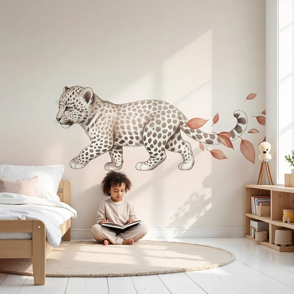 Tapety dla dzieci | Mały leopard i liście jesienne