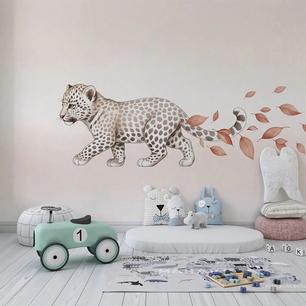 Tapety dla dzieci | Mały leopard i liście jesienne