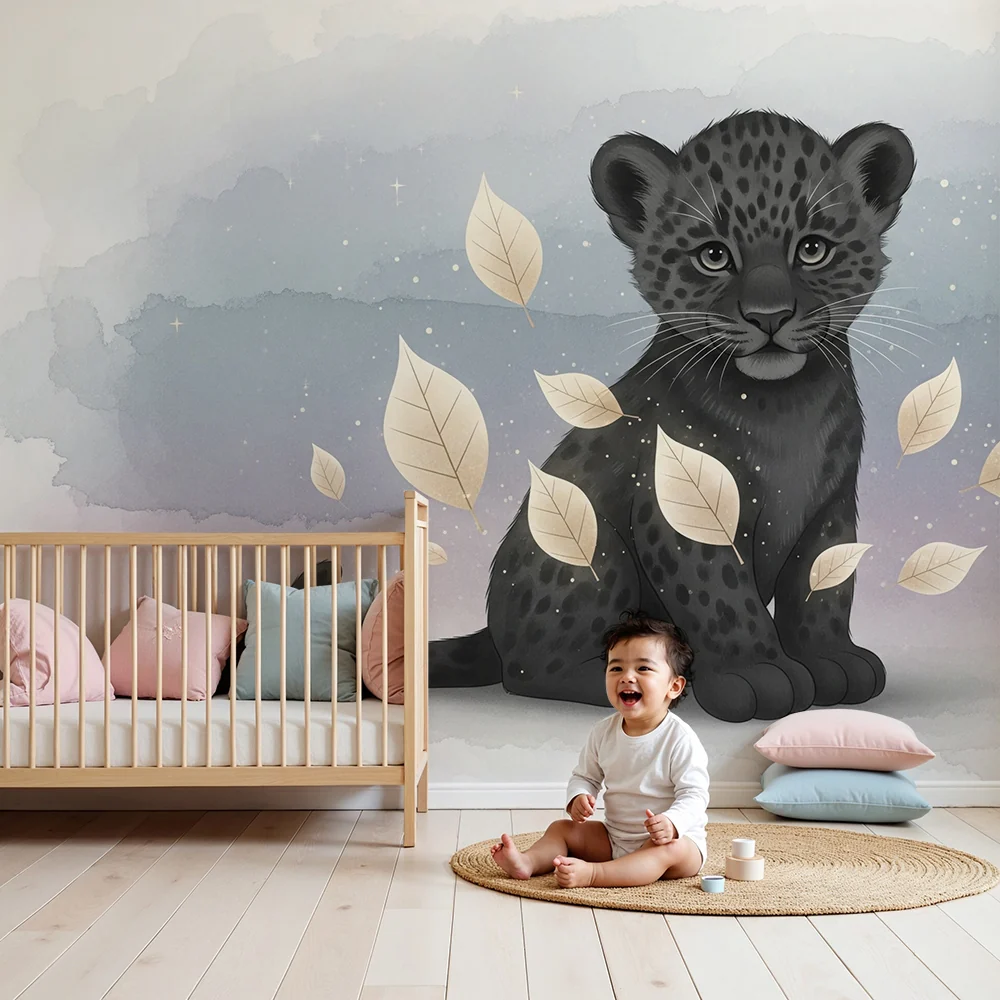 Tapety dla dzieci | Mały leopard i złote liście