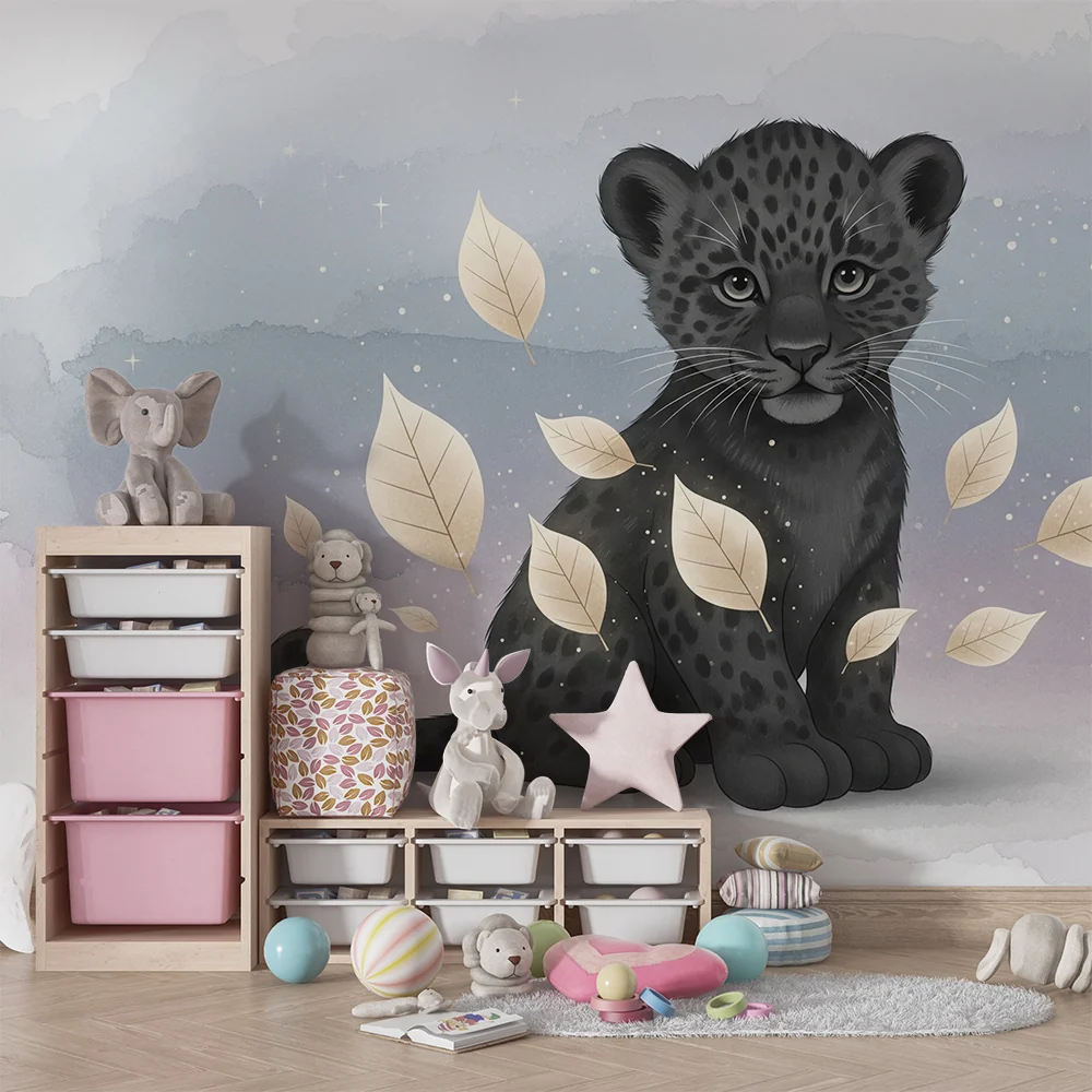 Tapety dla dzieci | Mały leopard i złote liście