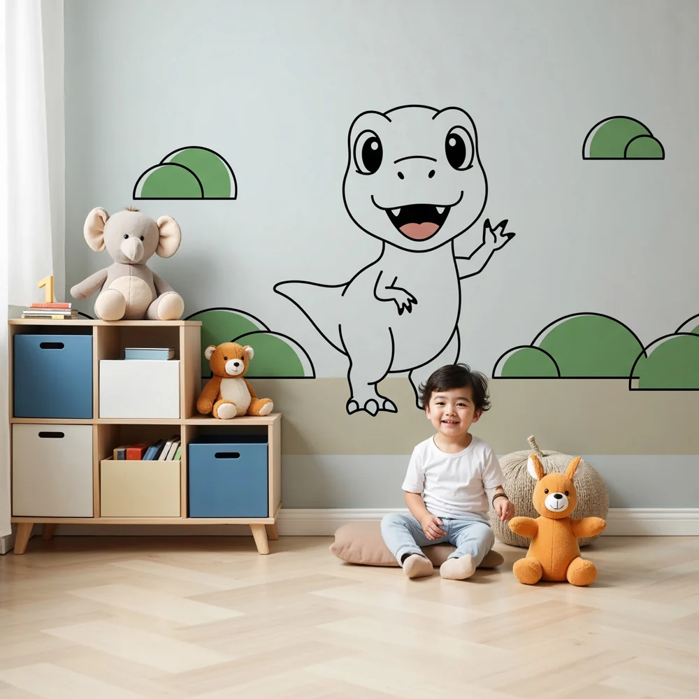 Tapety dla dzieci | Mały zabawny dinozaur w zabawnej scenerii
