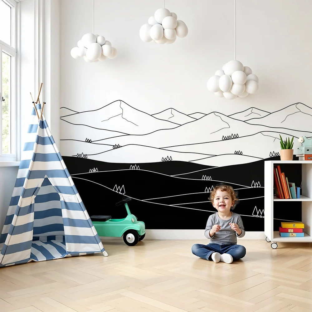 Tapety dla dzieci | Minimalistyczny czarno-biały krajobraz górski