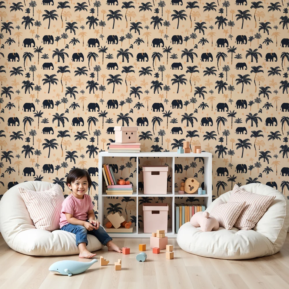 Tapety dla dzieci z motywem | Słonie i palmy na delikatnym tle