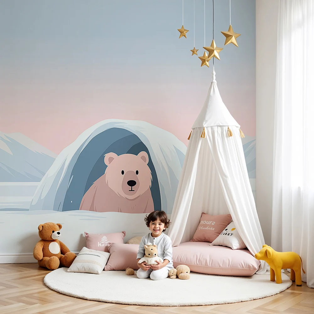 Tapety dla dzieci | Niedźwiedź polarny w igloo pod pastelowym niebem