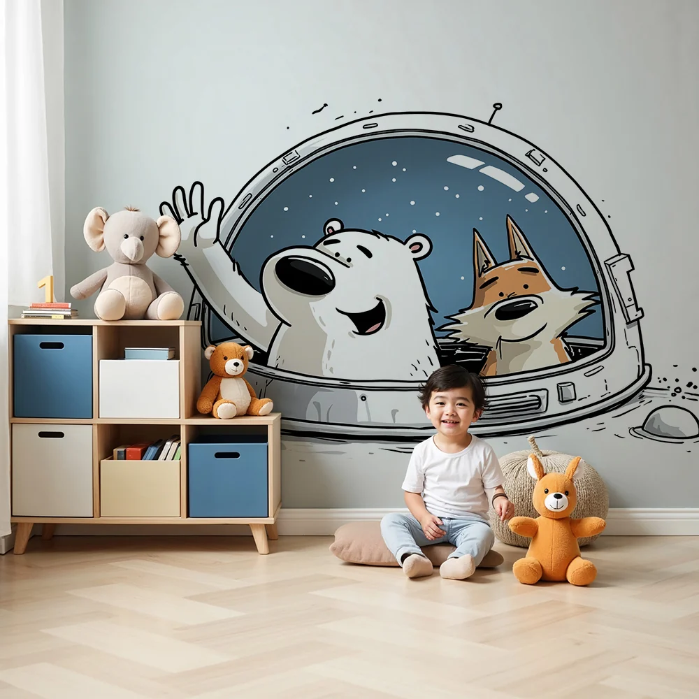 Tapety dla dzieci | Niedźwiedź polarny i lis w kosmicznej przygodzie