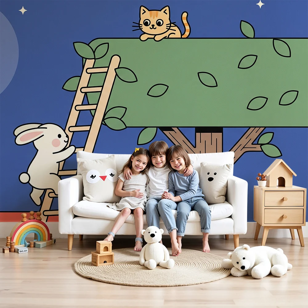 Tapety dla dzieci | Nocna przygoda z królikiem i kotem
