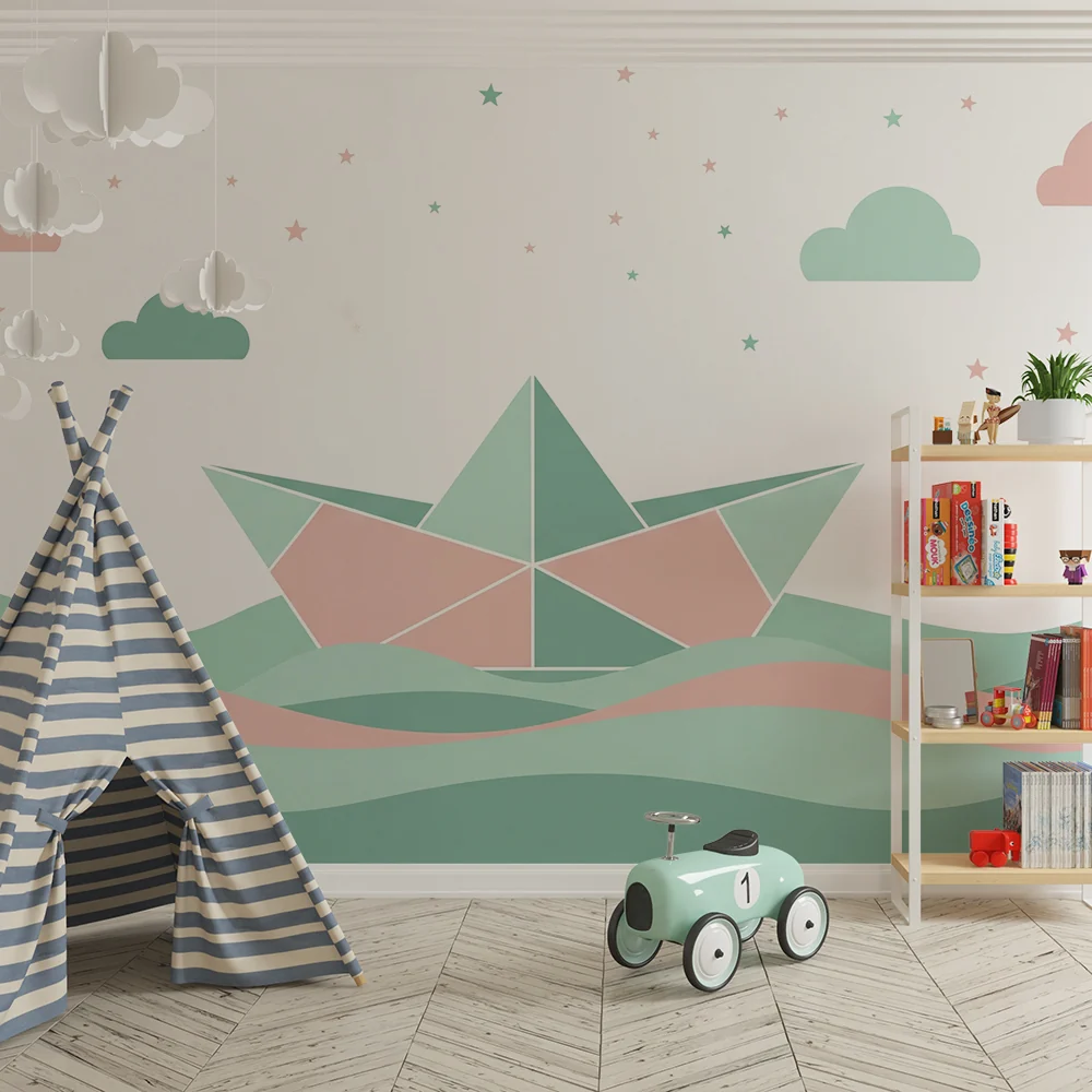 Tapety dla dzieci | Łódź origami na pastelowych falach