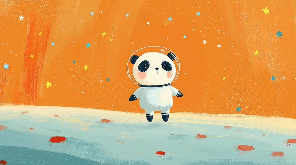 Tapety dla dzieci | Panda astronauta na pomarańczowym tle gwiazd