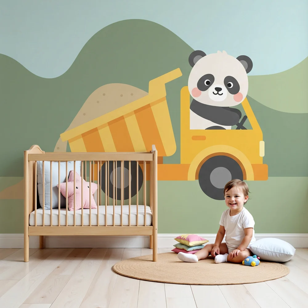 Tapety dla dzieci | Panda w ciężarówce budowlanej