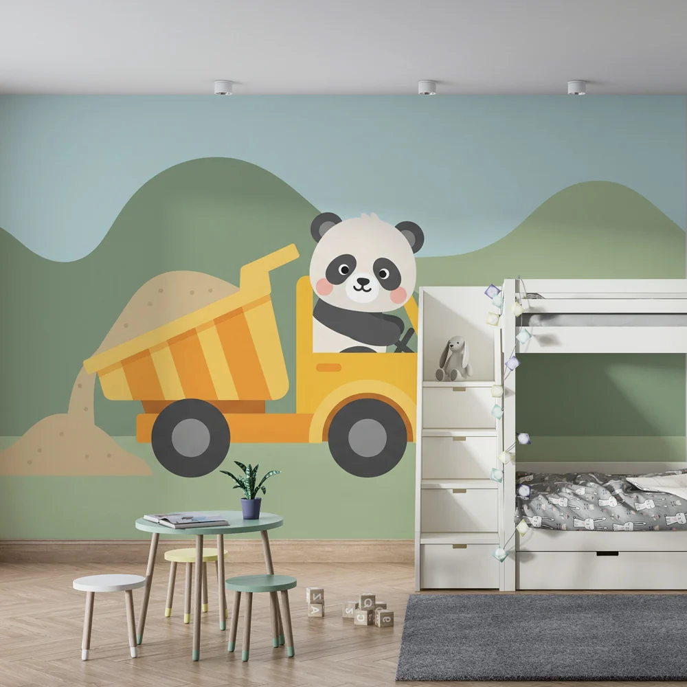 Tapety dla dzieci | Panda w ciężarówce budowlanej