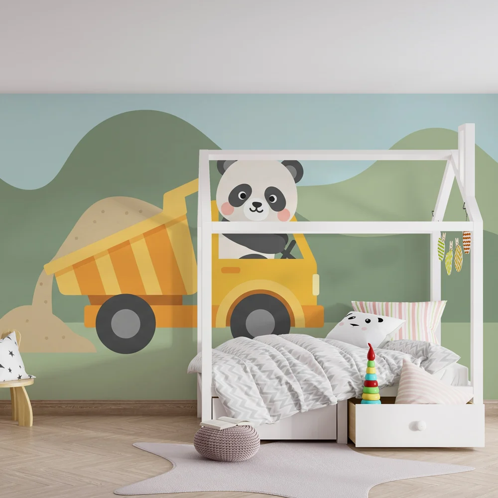 Tapety dla dzieci | Panda w ciężarówce budowlanej