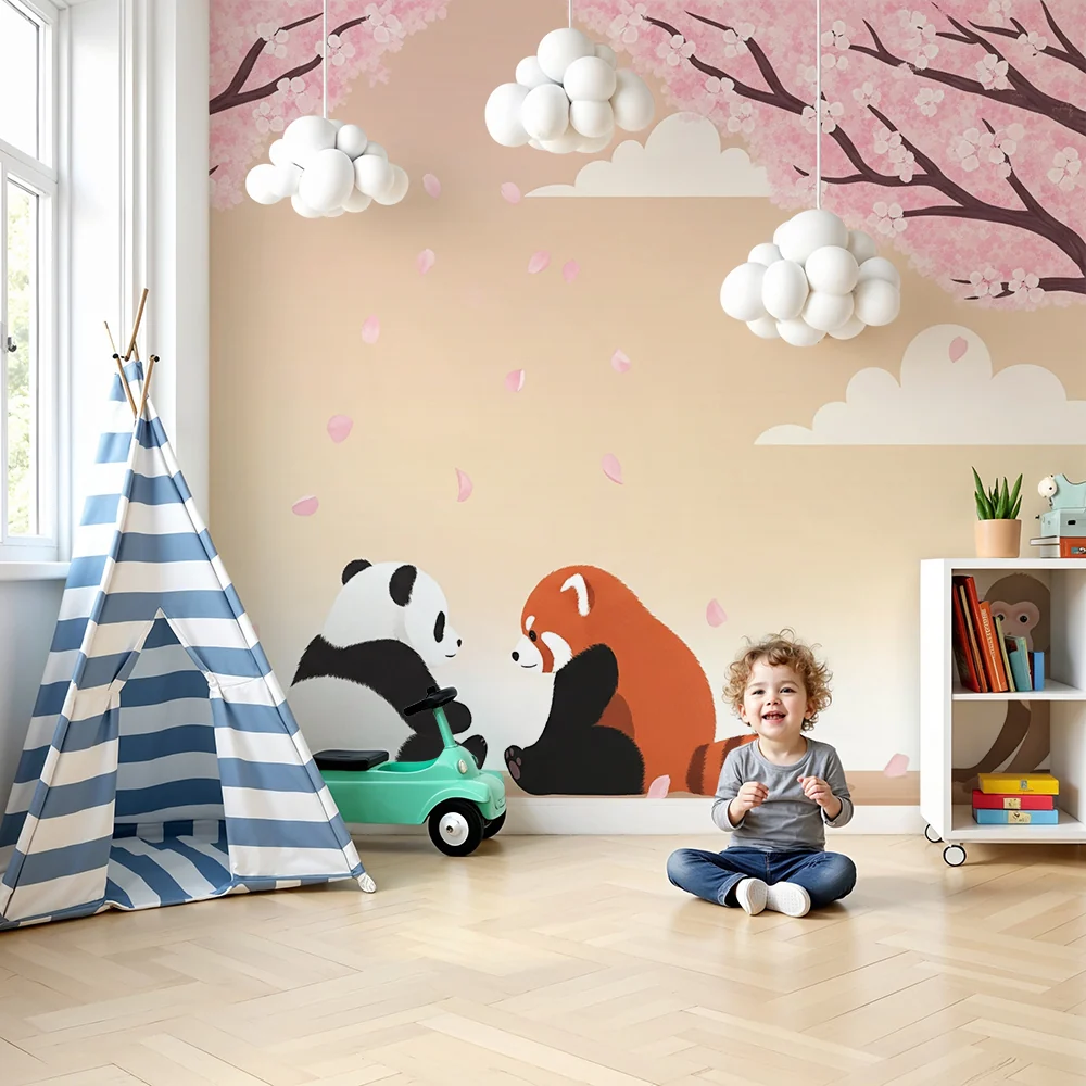 Tapety dla dzieci | Panda i czerwony lis pod kwitnącymi wiśniami