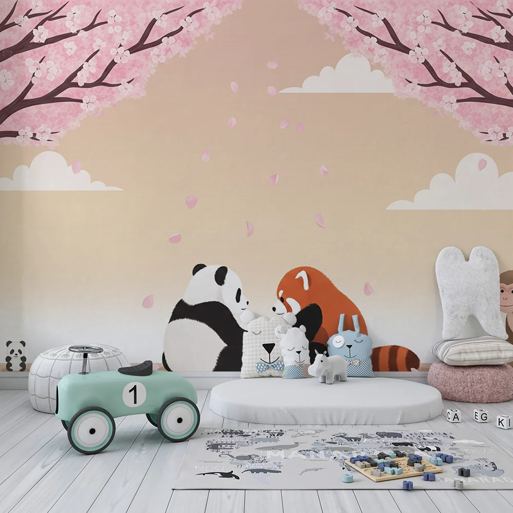 Tapety dla dzieci | Panda i czerwony lis pod kwitnącymi wiśniami