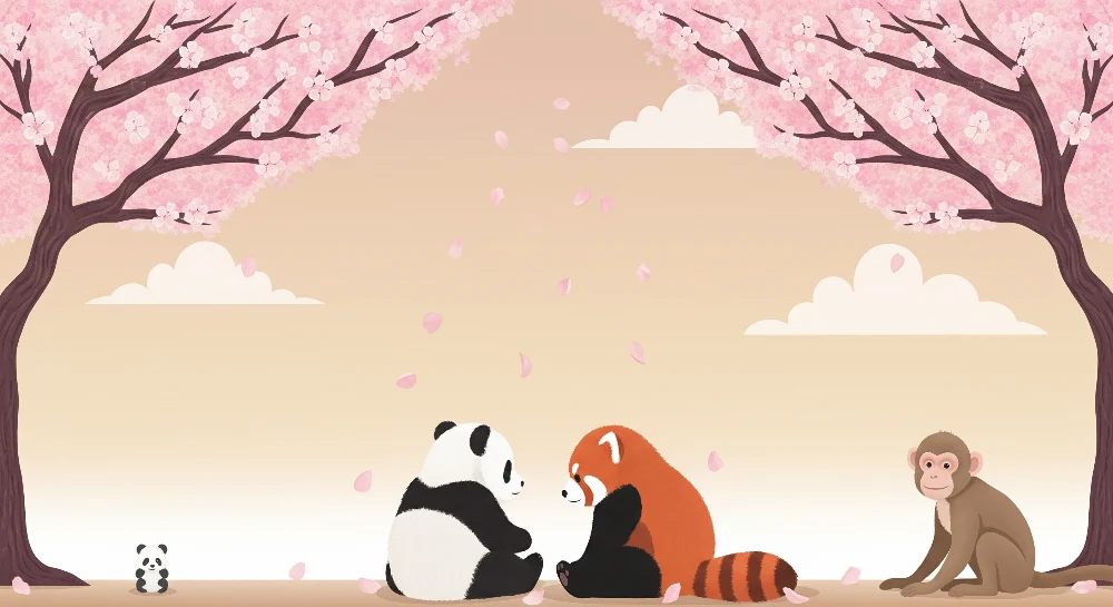 Tapety dla dzieci | Panda i czerwony lis pod kwitnącymi wiśniami
