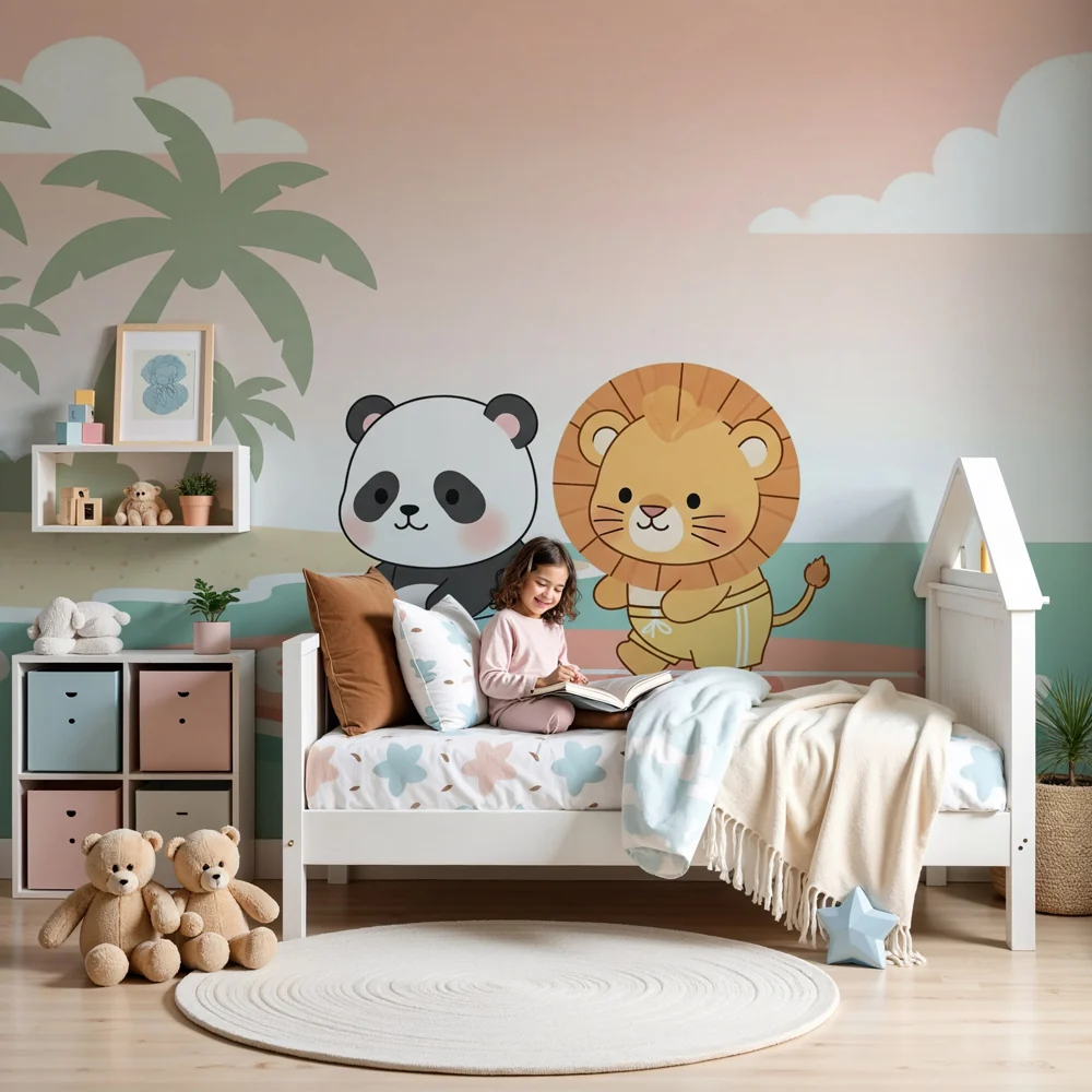 Tapety dla dzieci | Panda i lew na desce surfingowej