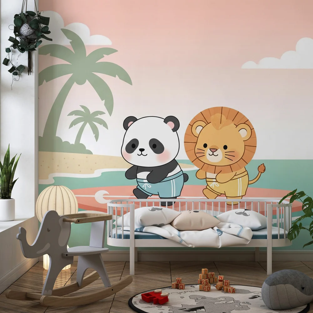 Tapety dla dzieci | Panda i lew na desce surfingowej