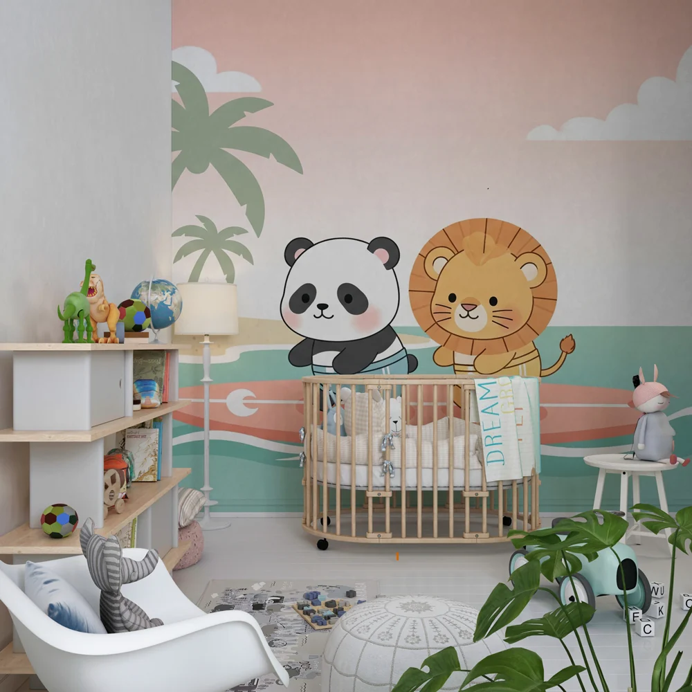 Tapety dla dzieci | Panda i lew na desce surfingowej