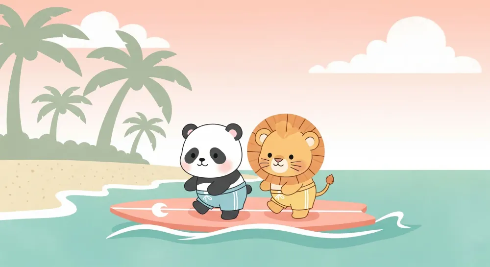 Tapety dla dzieci | Panda i lew na desce surfingowej
