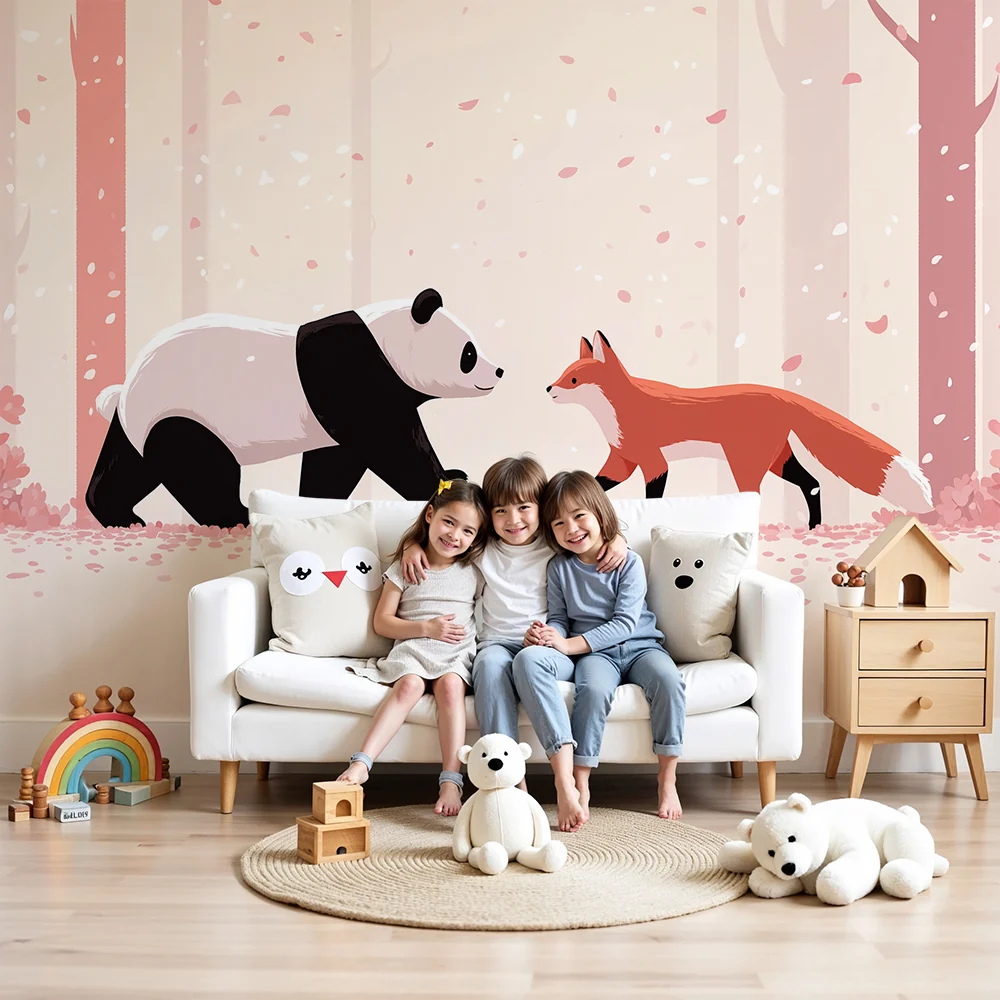 Tapety dla dzieci | Panda i lis w czarującym lesie