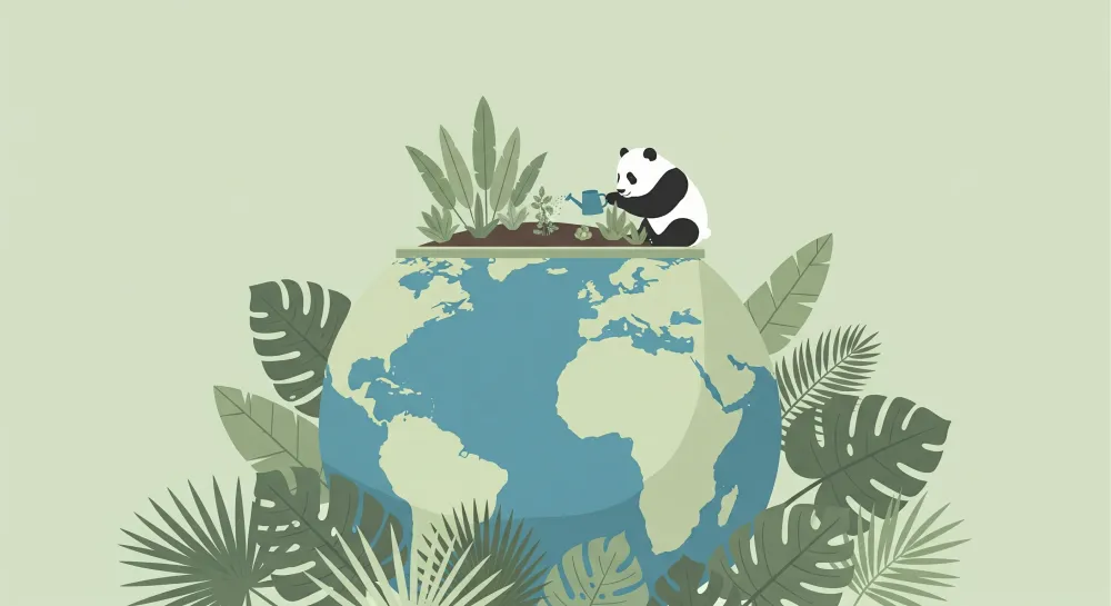 Tapety dla dzieci | Panda ogrodnik na planecie Ziemia otoczony tropikalną roślinnością