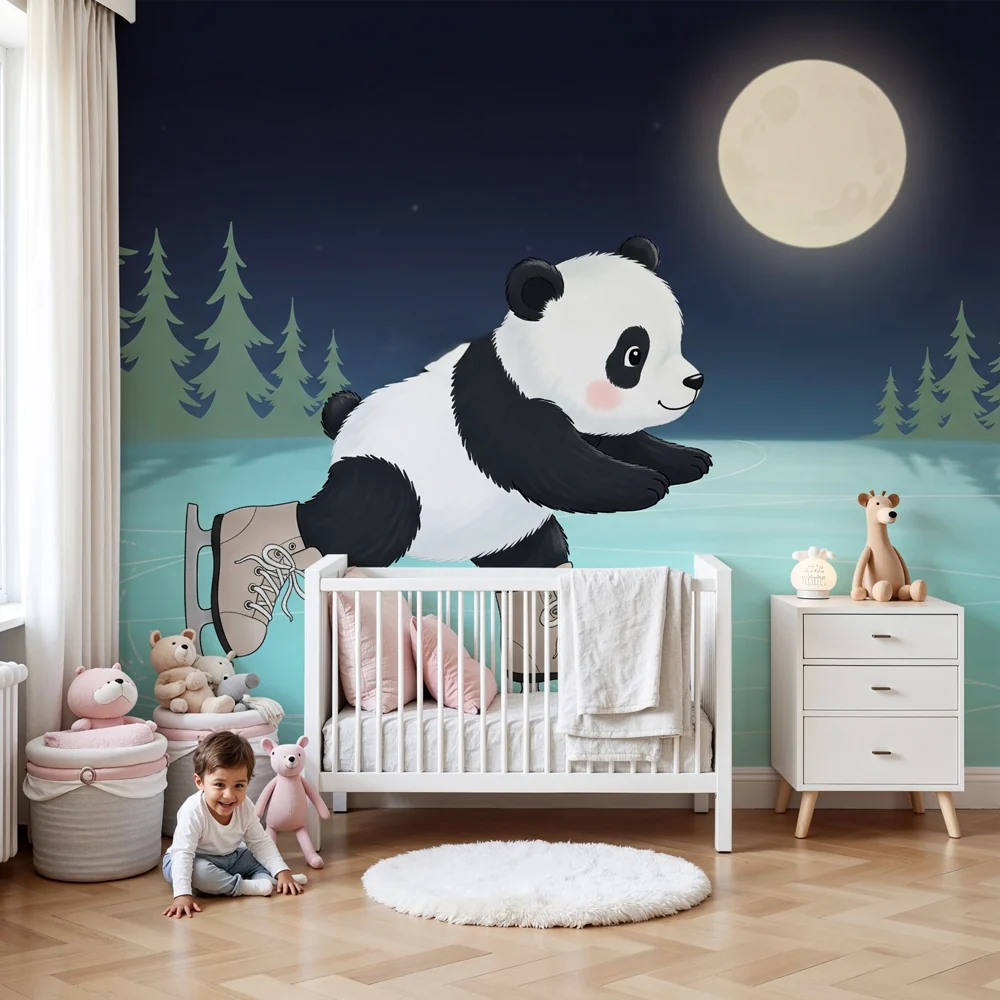 Tapety dla dzieci | Panda łyżwiarz pod księżycem