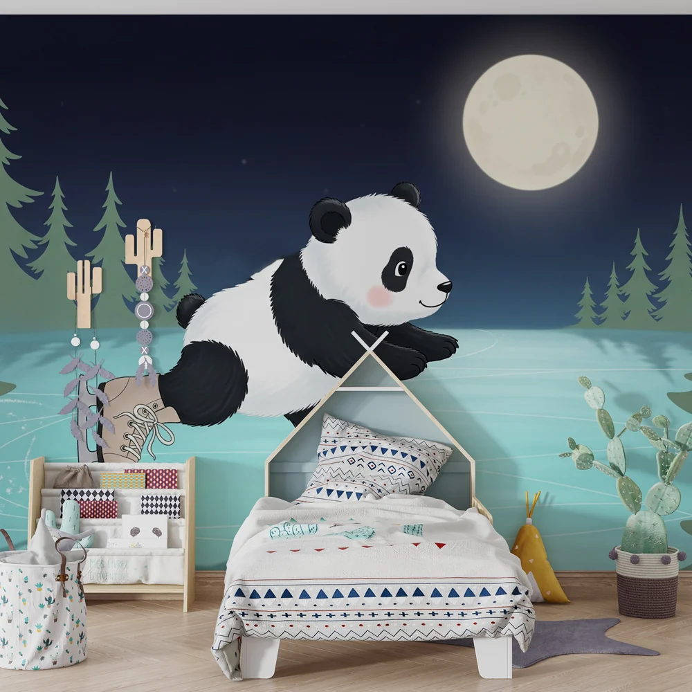 Tapety dla dzieci | Panda łyżwiarz pod księżycem