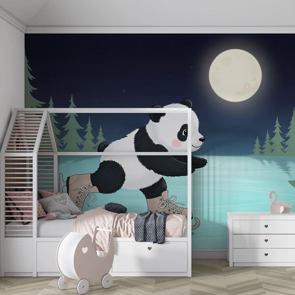 Tapety dla dzieci | Panda łyżwiarz pod księżycem