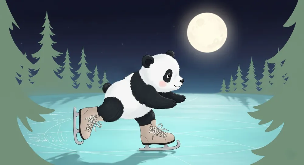 Tapety dla dzieci | Panda łyżwiarz pod księżycem