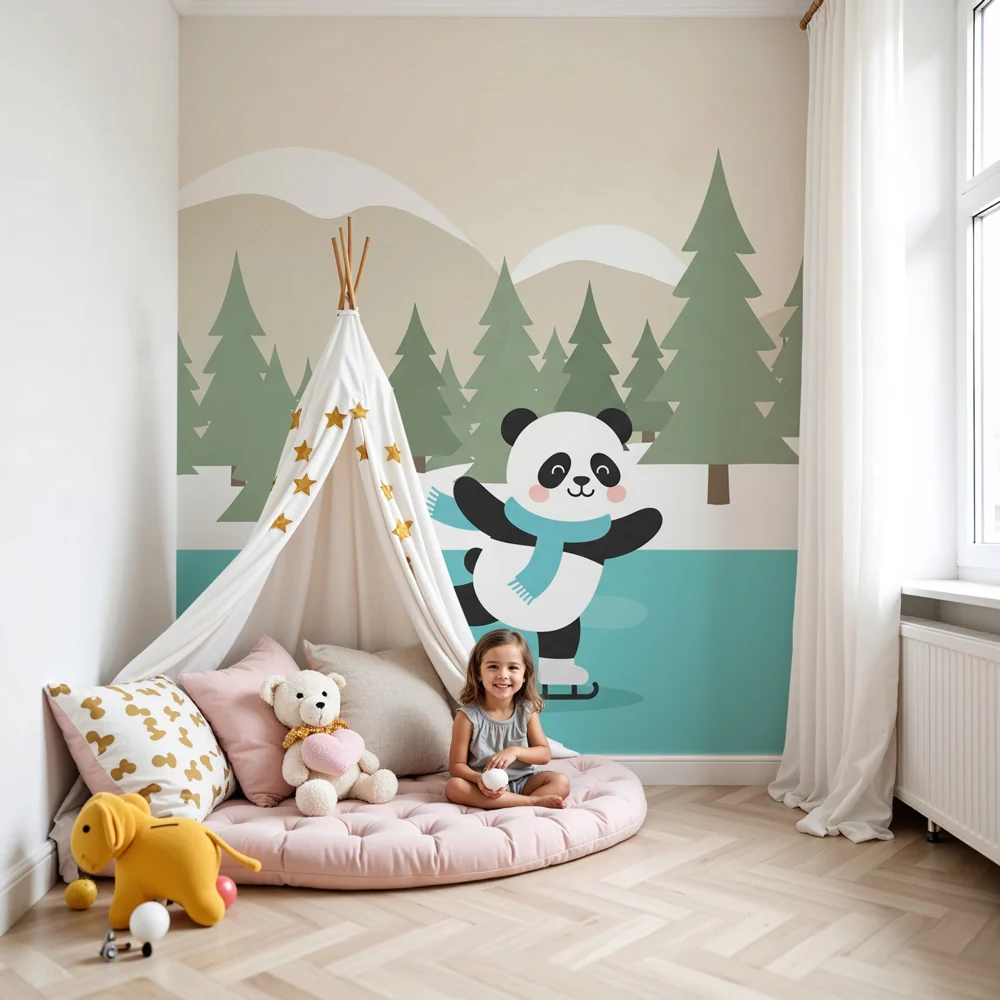 Tapety dla dzieci | Panda łyżwiarz na zamarzniętym jeziorze