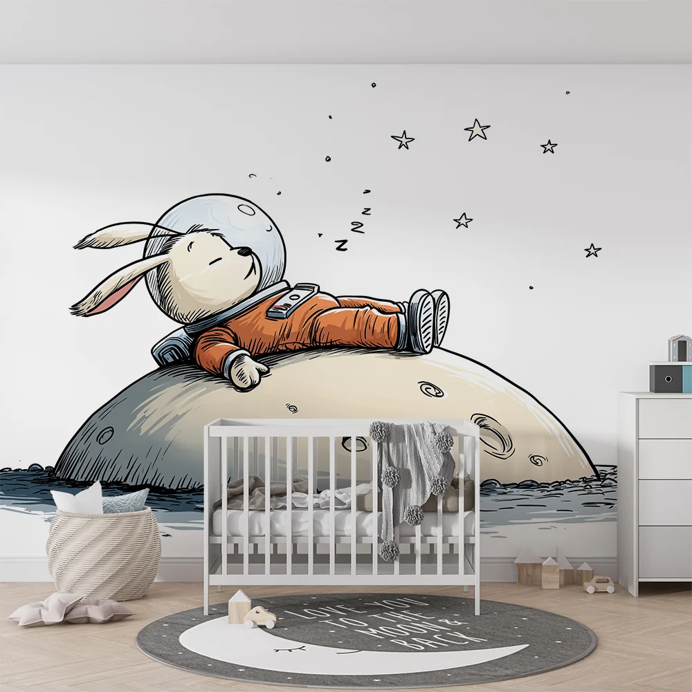 Tapety dla dzieci | Śpiący królik astronauta na księżycu pod gwieździstym niebem