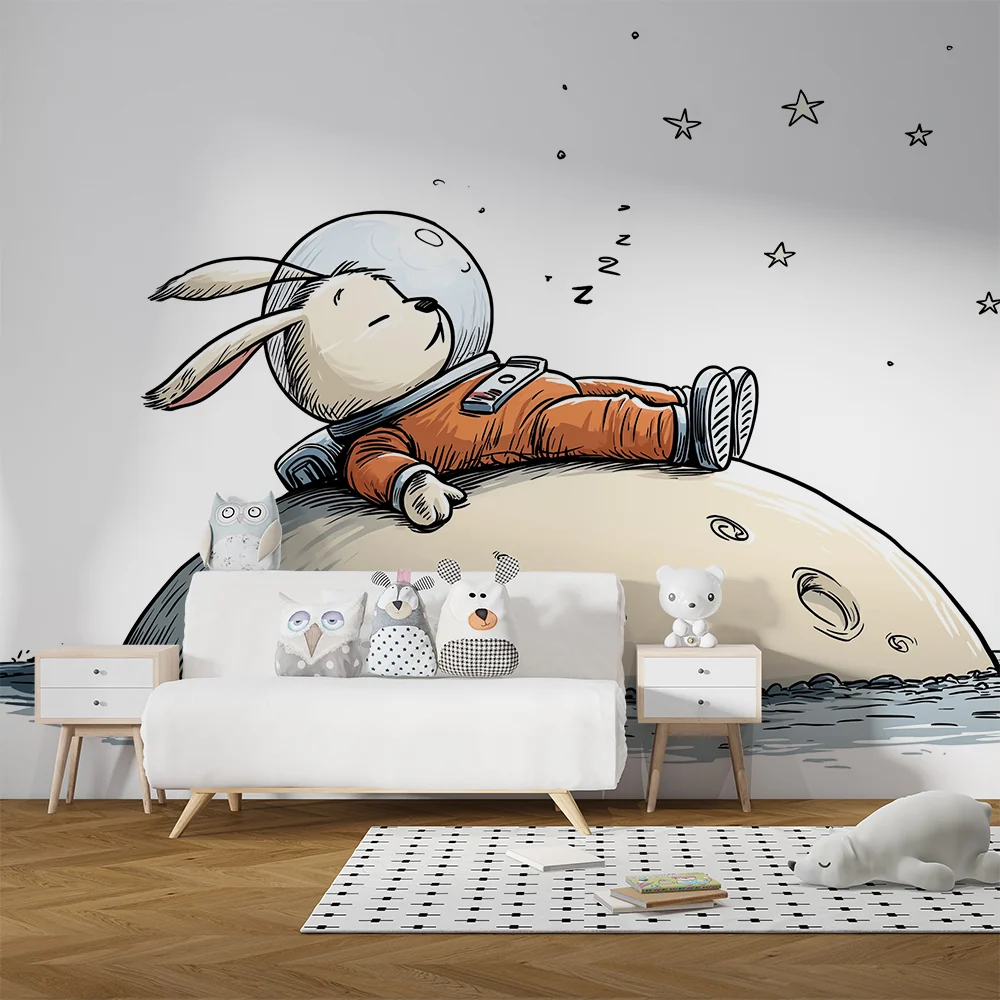 Tapety dla dzieci | Śpiący królik astronauta na księżycu pod gwieździstym niebem