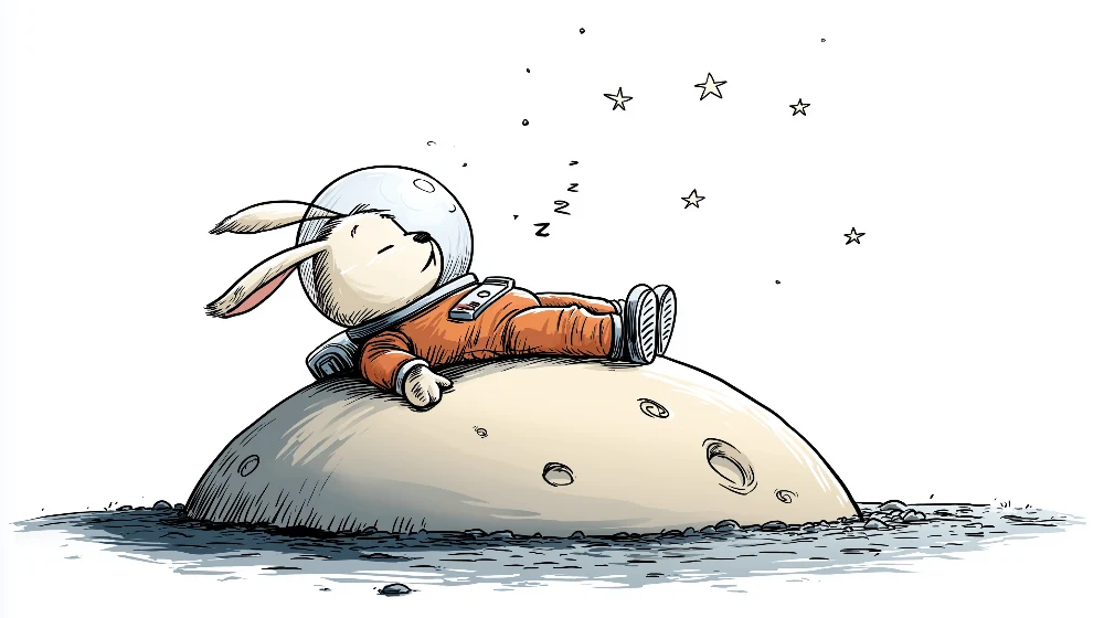 Tapety dla dzieci | Śpiący królik astronauta na księżycu pod gwieździstym niebem