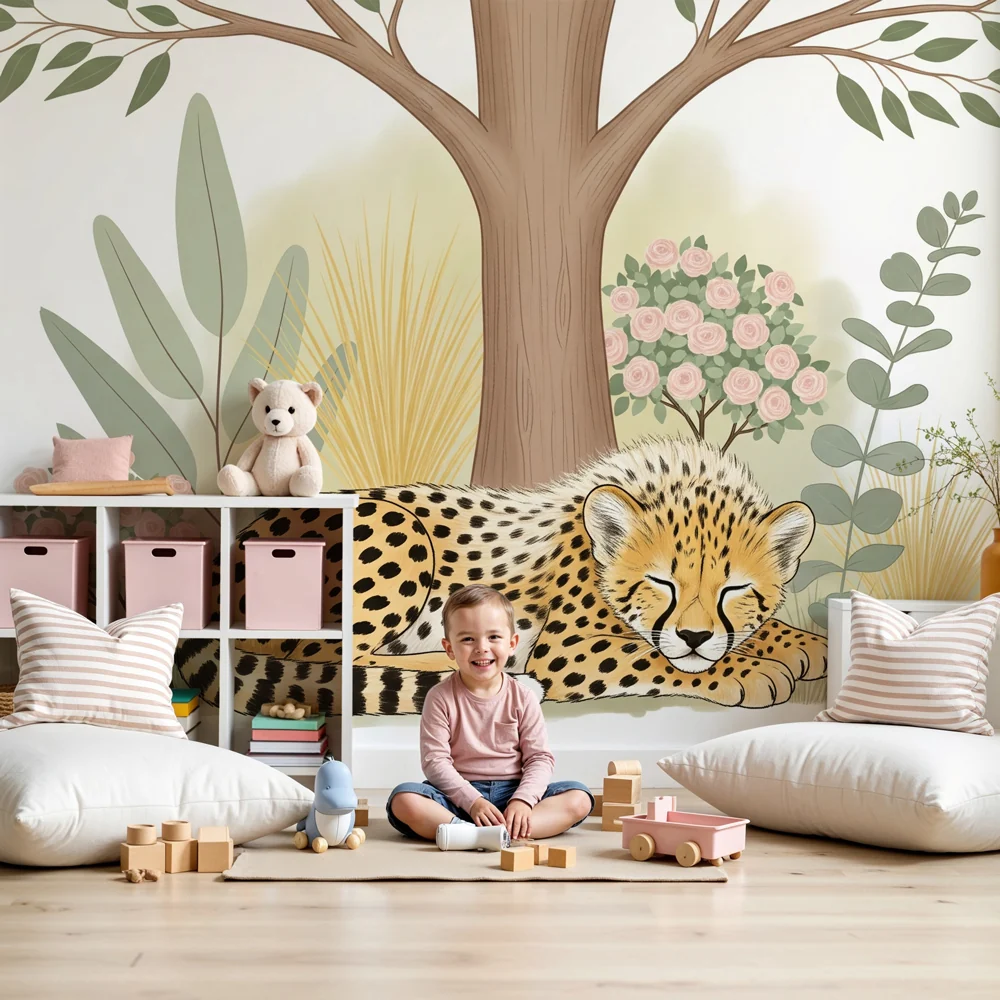 Tapety dla dzieci | Śpiący leopard pośrodku spokojnej natury