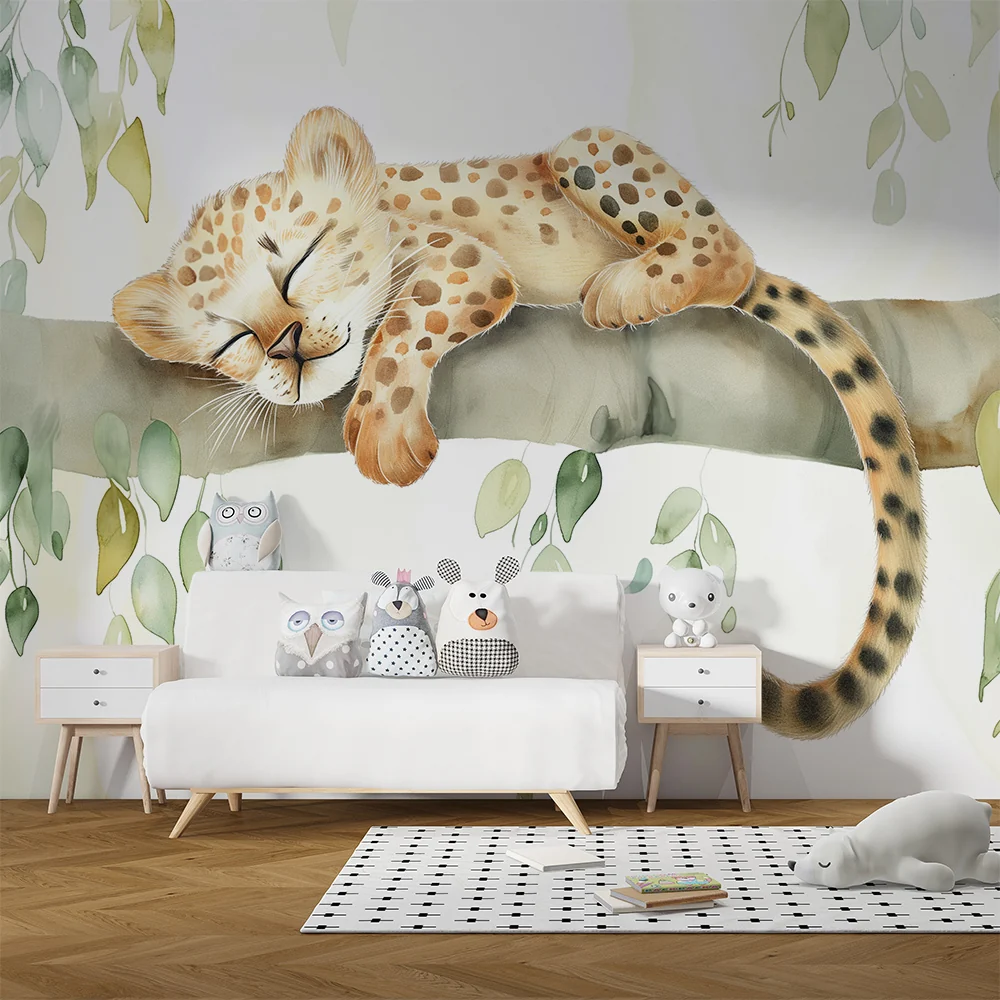 Tapety dla dzieci | Śpiący mały leopard na gałęzi z delikatnym liściem