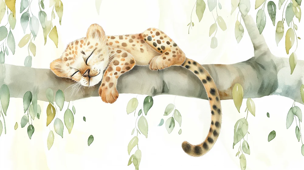 Tapety dla dzieci | Śpiący mały leopard na gałęzi z delikatnym liściem
