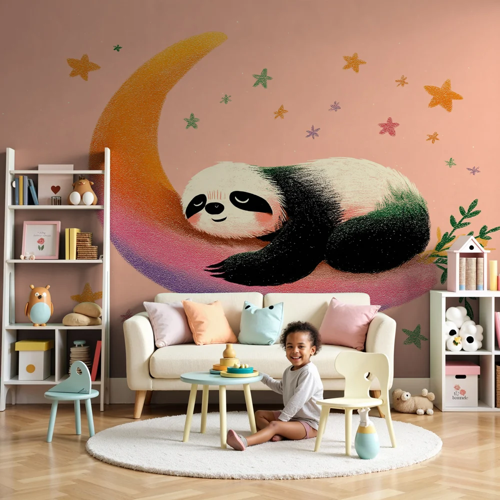 Tapety dla dzieci | Śpiący panda na kresce księżyca