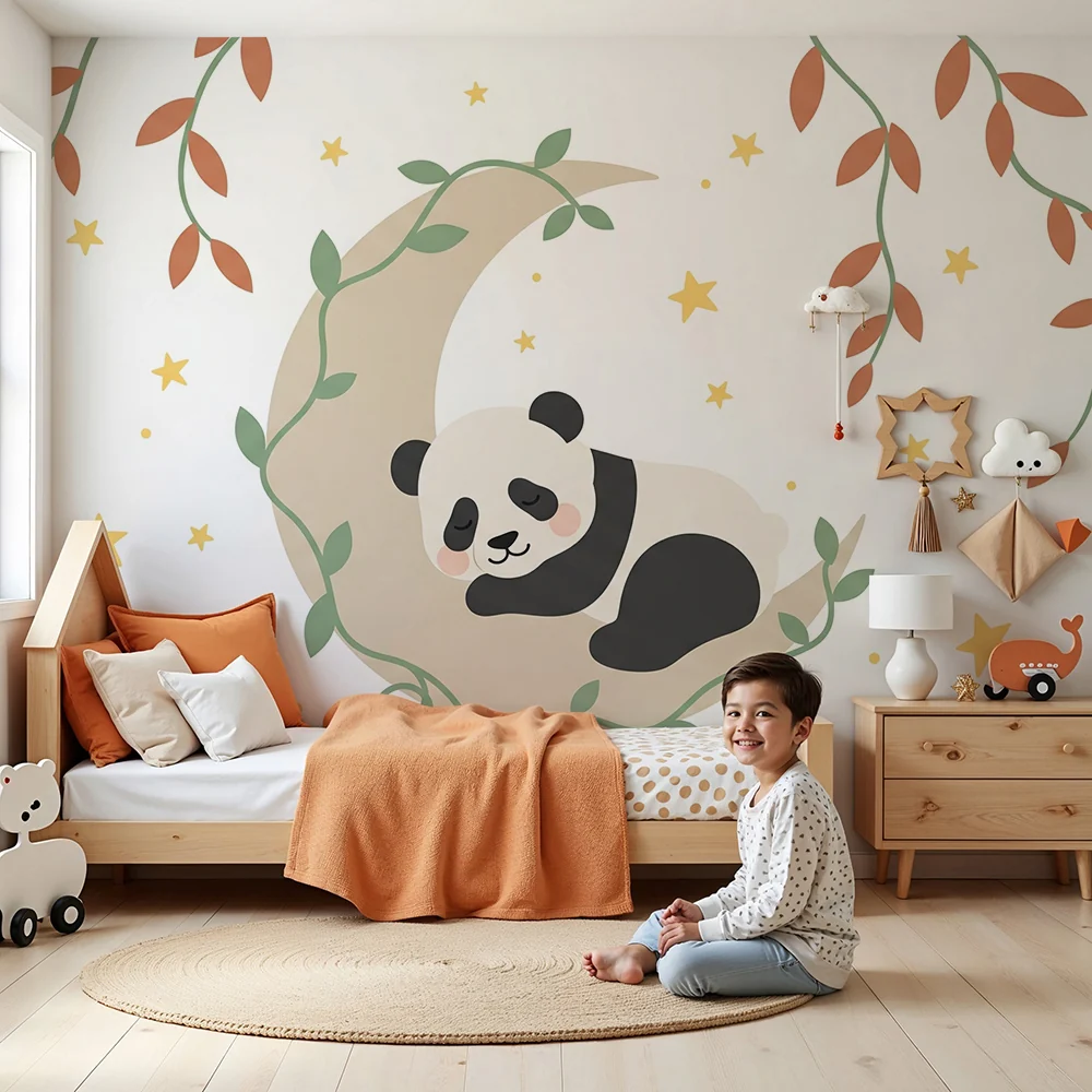 Tapety dla dzieci | Śpiący panda na księżycu z piękną roślinnością